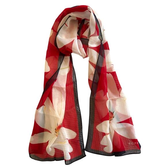 Echo Vintage Long Lightweight Flowy Scarf Red Blue White Floral Sheer - Picture 3 of 4